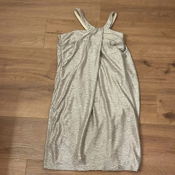 Boston Proper | Silver shimmery wrap style dress asymmetrical Size 4 rhinestones - Picture 9 of 9